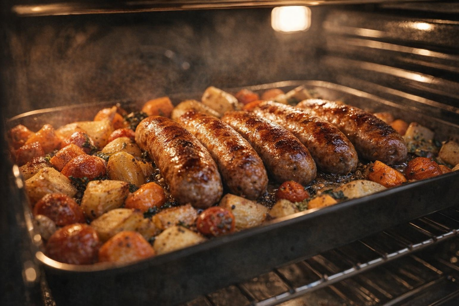 A medium shot of sausages baking in the oven, golden brown and sizzling, with roasted vegetables surrounding them, oven light illuminating the scene